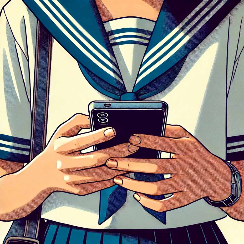 中学生女子のての中のスマホ