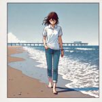 一人浜辺を歩く中学生女子