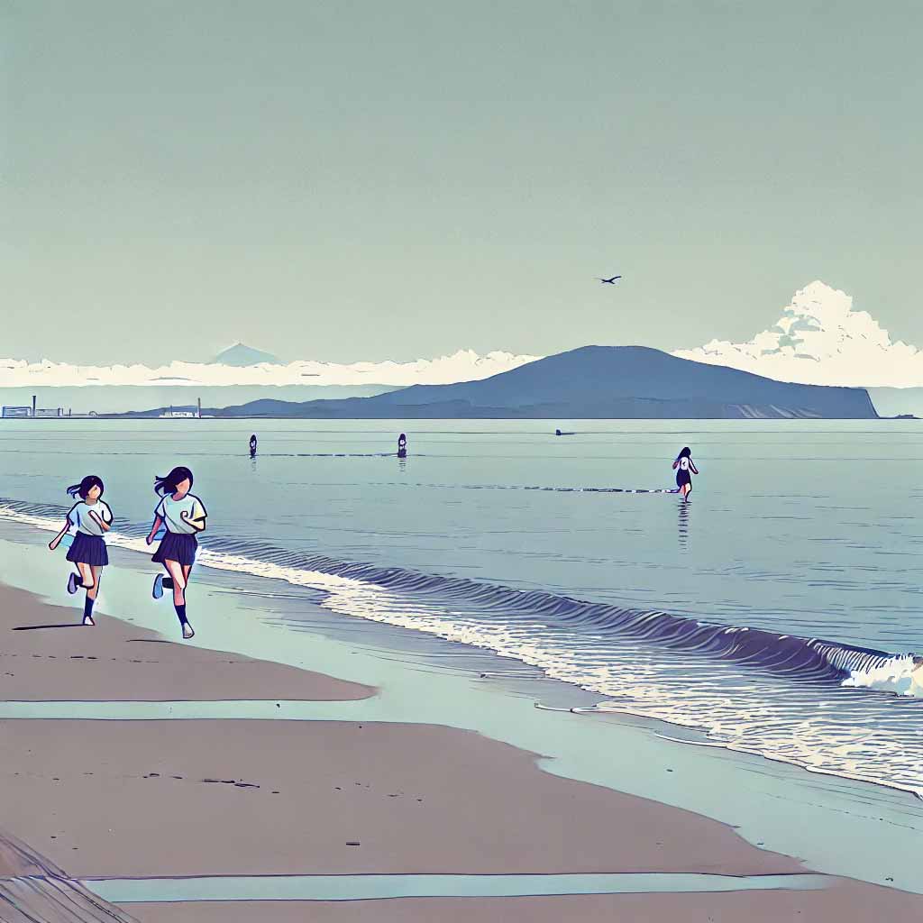 仲直りして砂浜を走る中学生女子