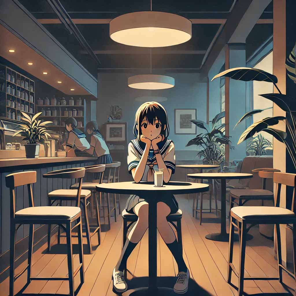 一人でカフェにいる中学生女子