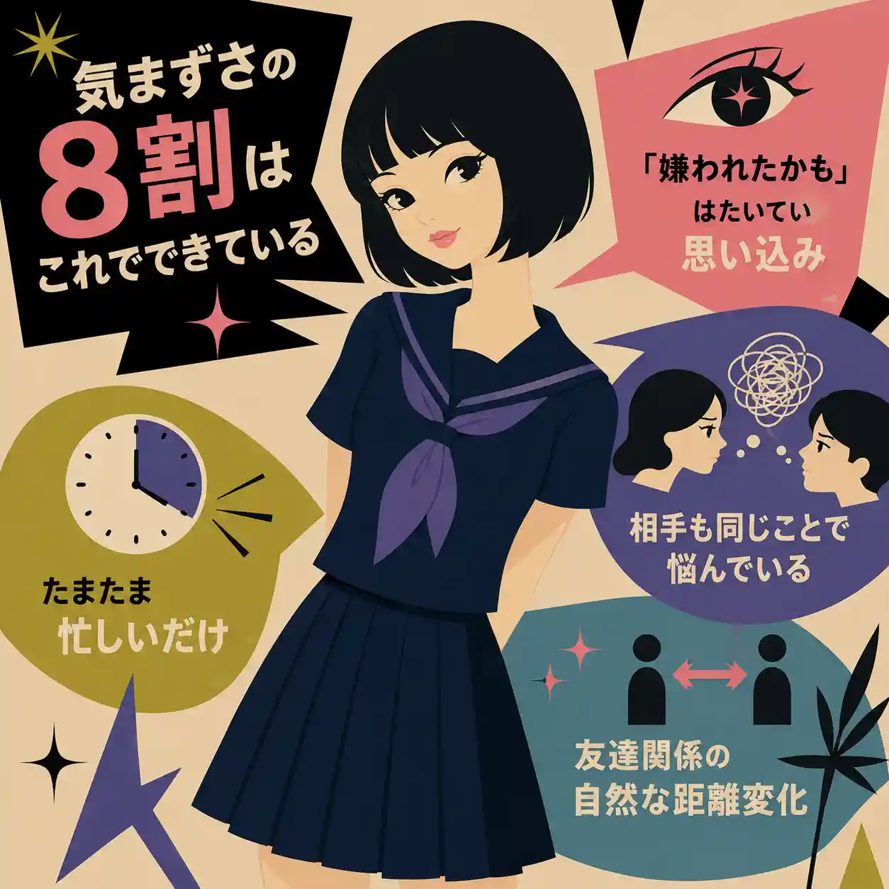 濃紺の夏用セーラー服を着た黒髪ショートの女子生徒を中心に、「気まずさの8割はこれでできている」と4つの理由をまとめたレトロ風インフォグラフィック。