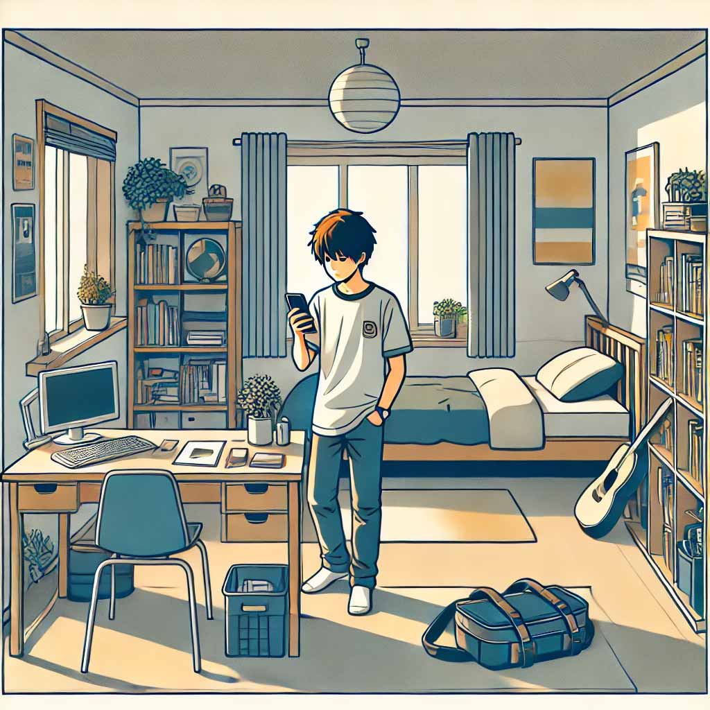 自宅でスマホを見ている中学生男子