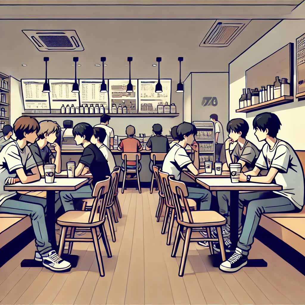 カフェで話している中学生男子