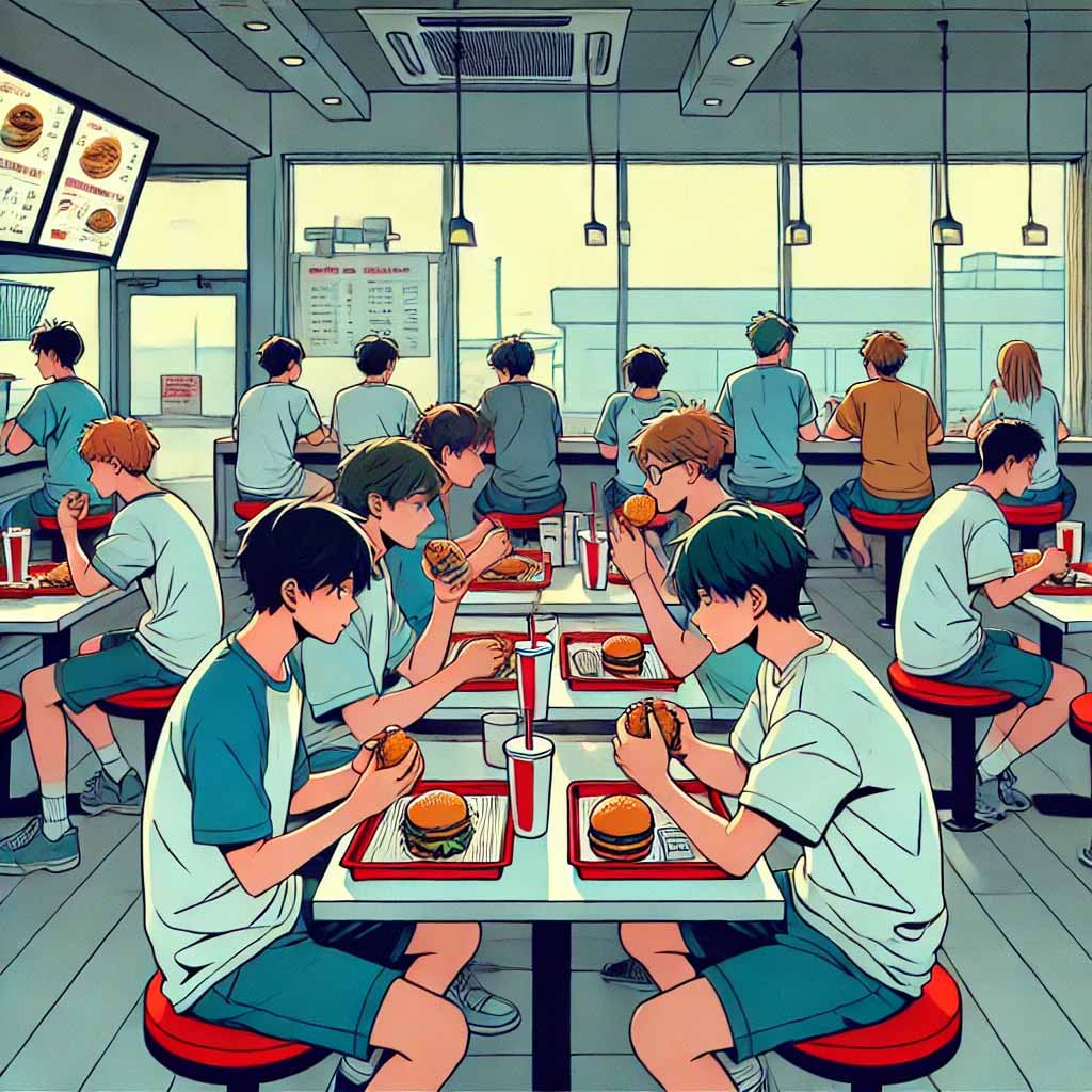 バーガー食べている　中学生男子