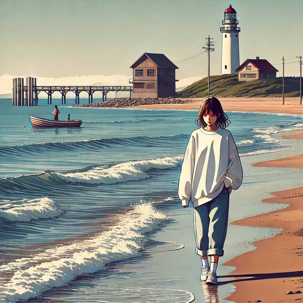 浜辺を散歩する中学生女子