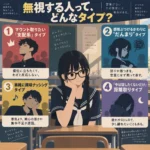 教室で一人座る女子生徒を中心に、無視する人の4タイプを「支配系」「だんまり」「興味ナッシング」「距離取り」に分けて解説したインフォグラフィック。