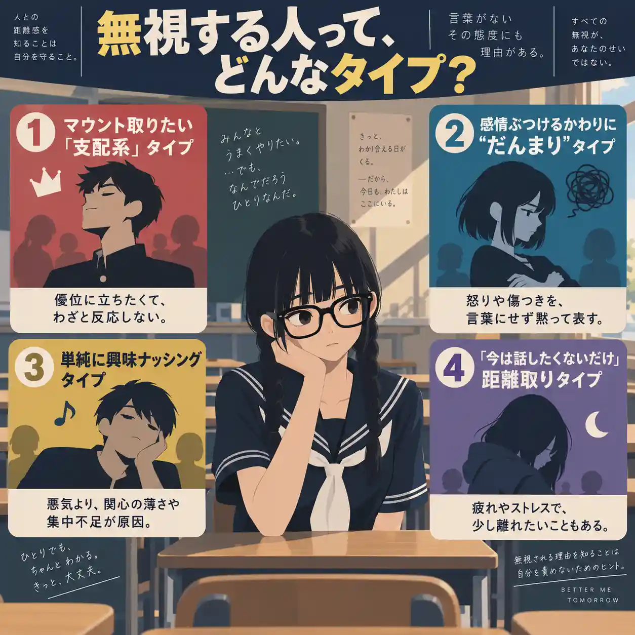 教室で一人座る女子生徒を中心に、無視する人の4タイプを「支配系」「だんまり」「興味ナッシング」「距離取り」に分けて解説したインフォグラフィック。