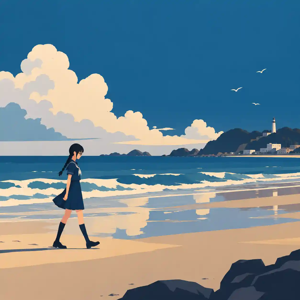 ひとりぼっちで浜辺を歩く女子