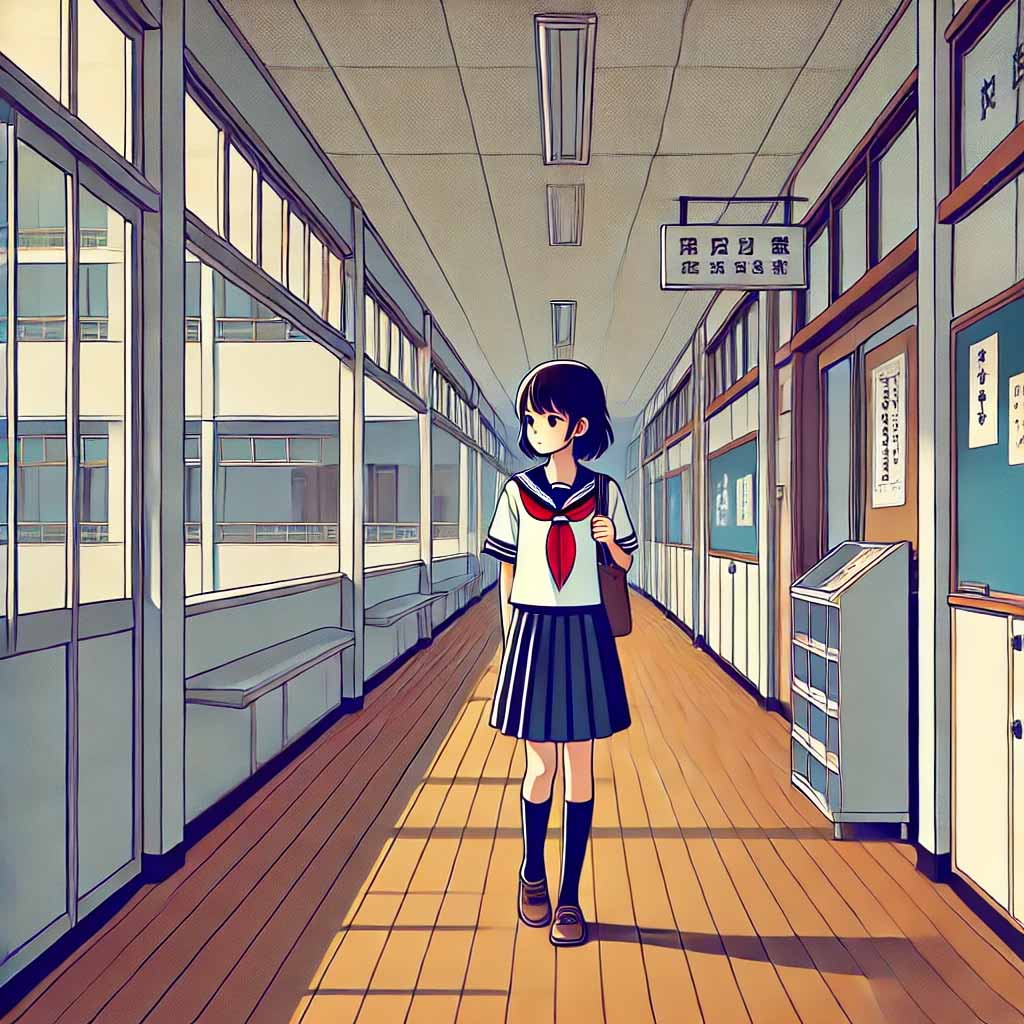 廊下で一人の女子中学生