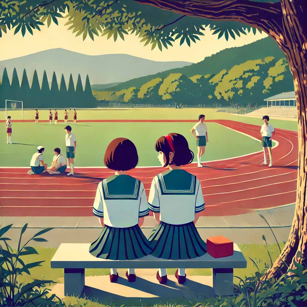 校庭のベンチで友達と二人