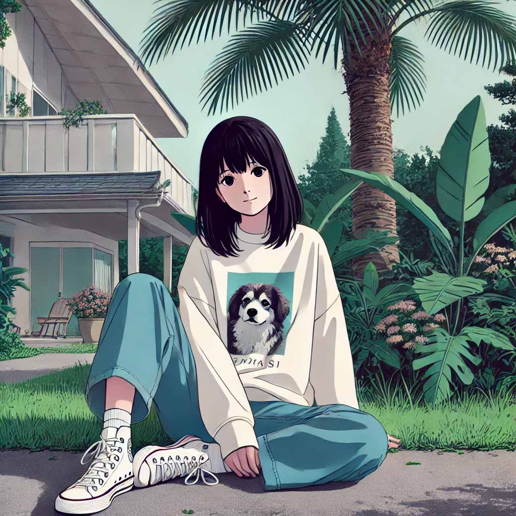 自宅の庭でまったりしている中学生女子