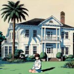 一人で自宅の庭にいる女子中学生