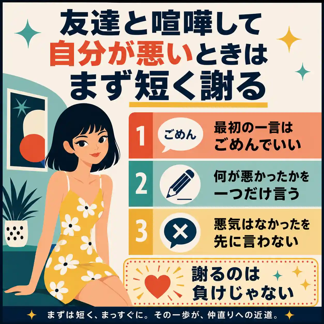 友達と喧嘩して自分が悪いときの謝り方をまとめたインフォグラフィック。最初にごめんと言う、悪かった点を一つだけ伝える、悪気はなかったと先に言わない、謝るのは負けではないと示している。