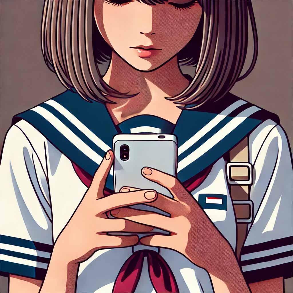 スマホをいじっている女子中学生