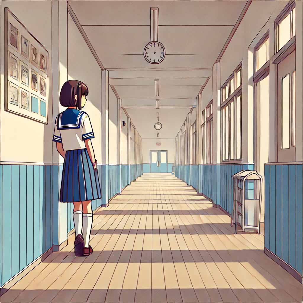 廊下で一人の中学生女子