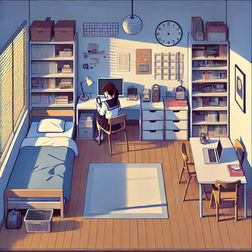 自分の部屋でスマホを見ている中学生女子