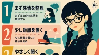 友達の態度が急に変わったときにまずやることをまとめたレトロ調インフォグラフィック。太いメガネと三つ編みの若い女性のイラストとともに、感情を整理する、少し距離を置く、責めずにやさしく聞くという3つの対応を紹介している。