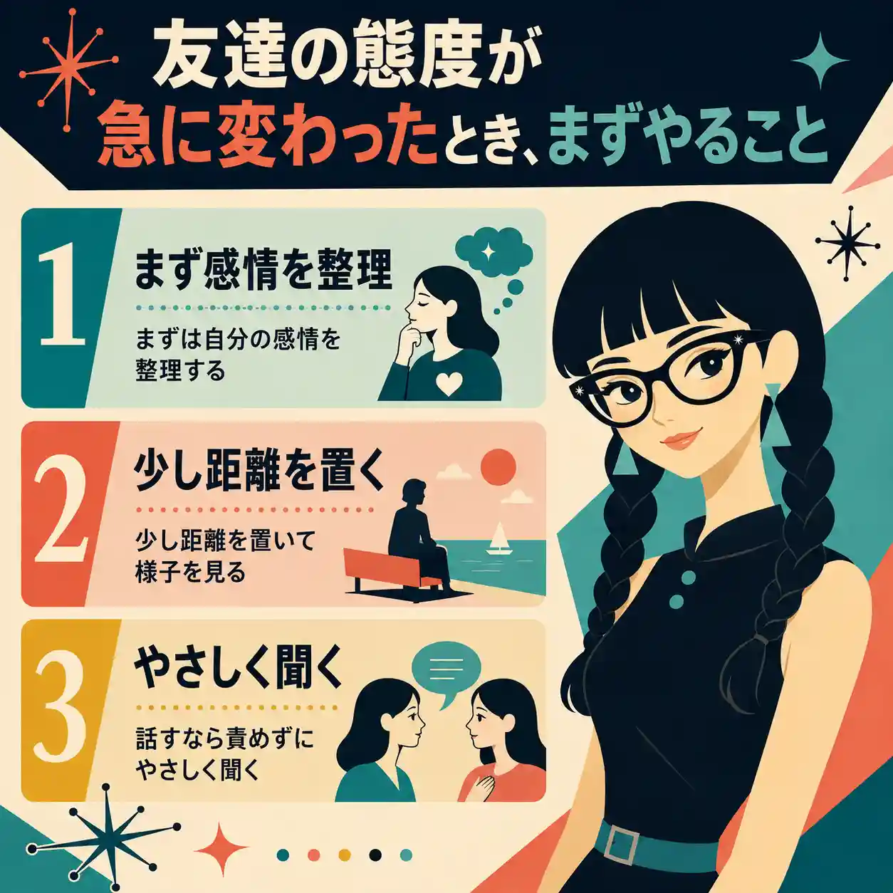 友達の態度が急に変わったときにまずやることをまとめたレトロ調インフォグラフィック。太いメガネと三つ編みの若い女性のイラストとともに、感情を整理する、少し距離を置く、責めずにやさしく聞くという3つの対応を紹介している。
