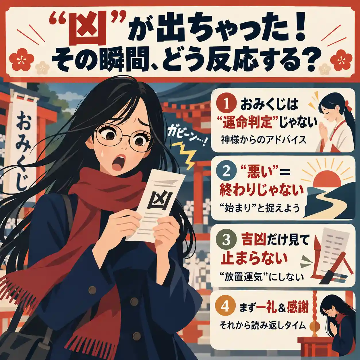 神社で「凶」のおみくじを引いて驚く女性と、凶が出たときの受け止め方を4項目で解説するインフォグラフィック