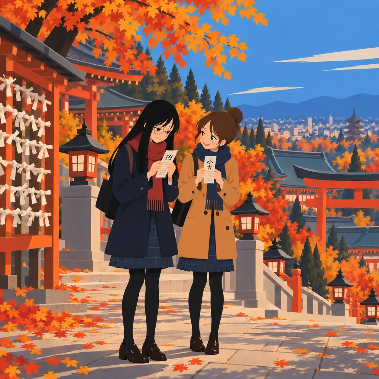 友達とおみくじみせ合う女子