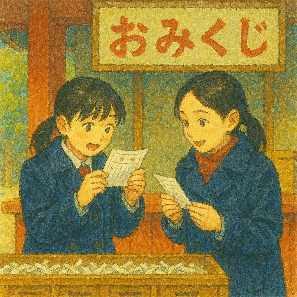 友達とおみくじについて話している中学生女子