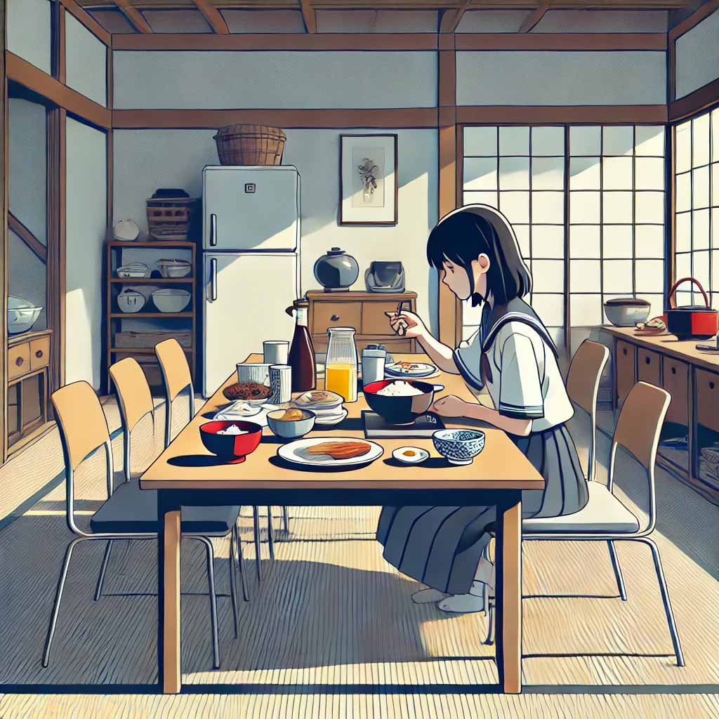 朝食を食べる中学生女子