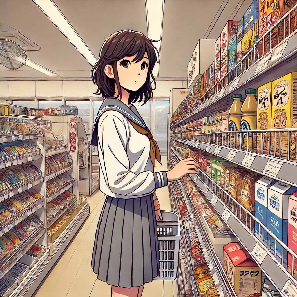 コンビニで買い物する中学生女子