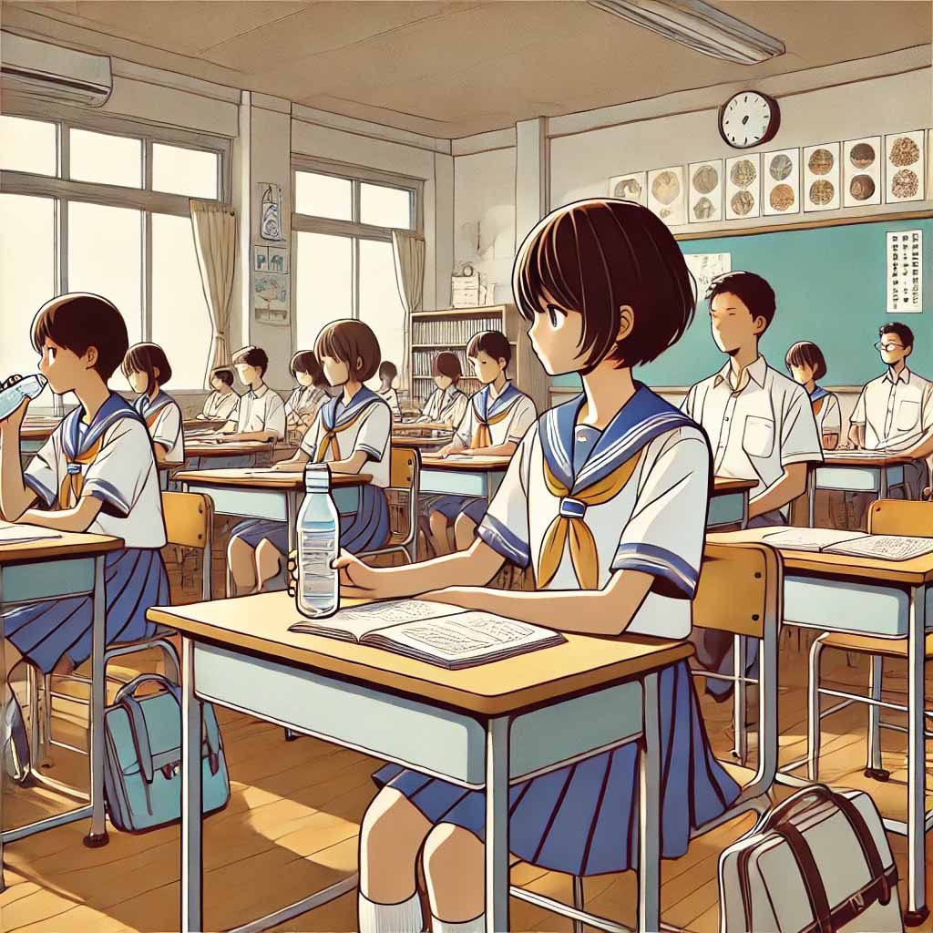 授業中水を飲む女子