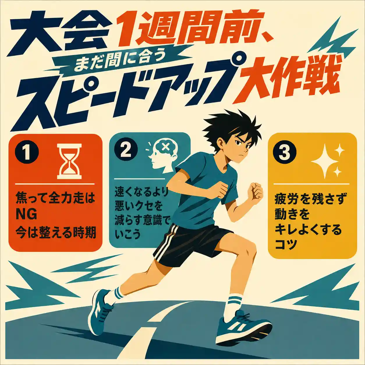 大会1週間前の短距離調整をまとめたインフォグラフィック。無造作ヘアの中学生男子がTシャツとライン入り短パンでロードワークをしながら走っている。見出しは「大会1週間前、まだ間に合うスピードアップ大作戦」。ポイントは「焦って全力走はNG、今は整える時期」「速くなるより悪いクセを減らす意識でいこう」「疲労を残さず動きをキレよくするコツ」の3つ。