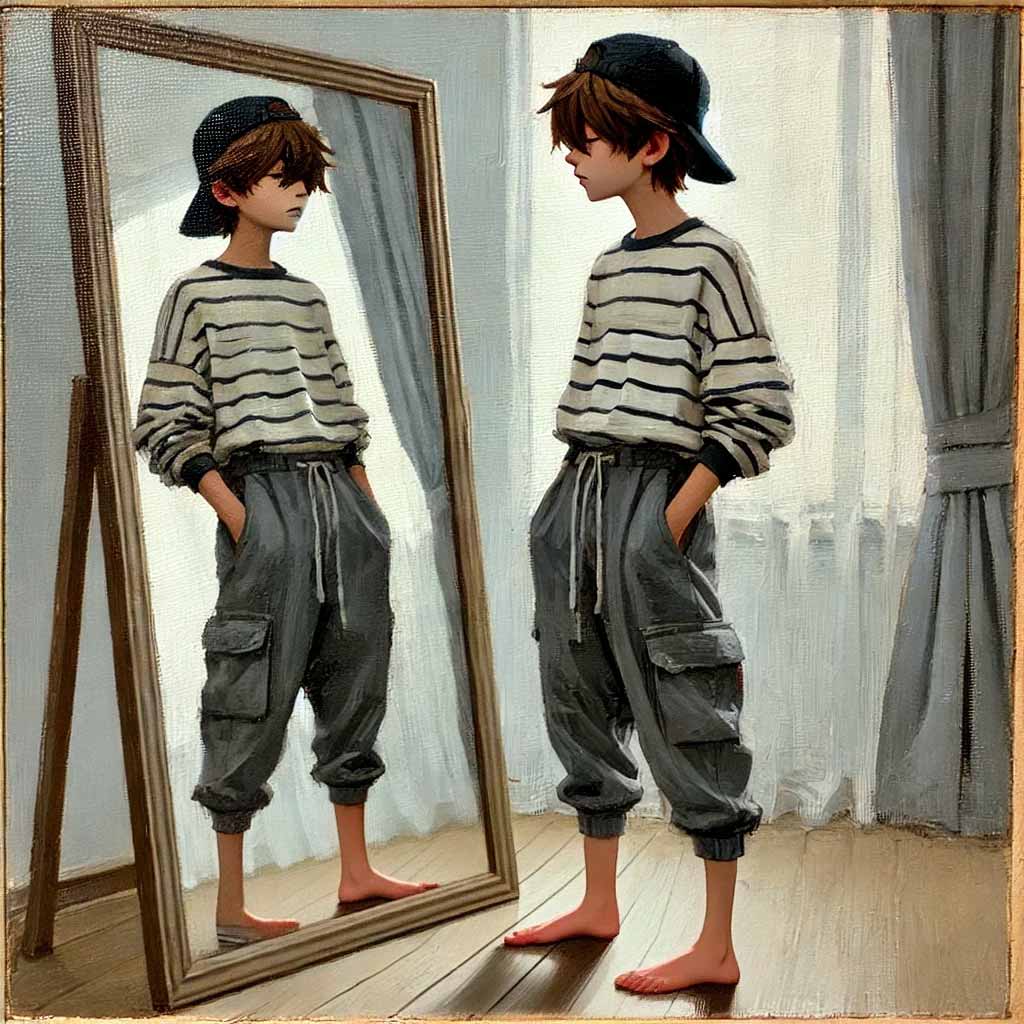 姿勢をチェックしている中学生男子