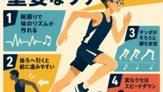 100m走で腕振りが重要な理由を4つのポイントで解説したインフォグラフィック。眼鏡をかけた男子中学生が横向きで走っている