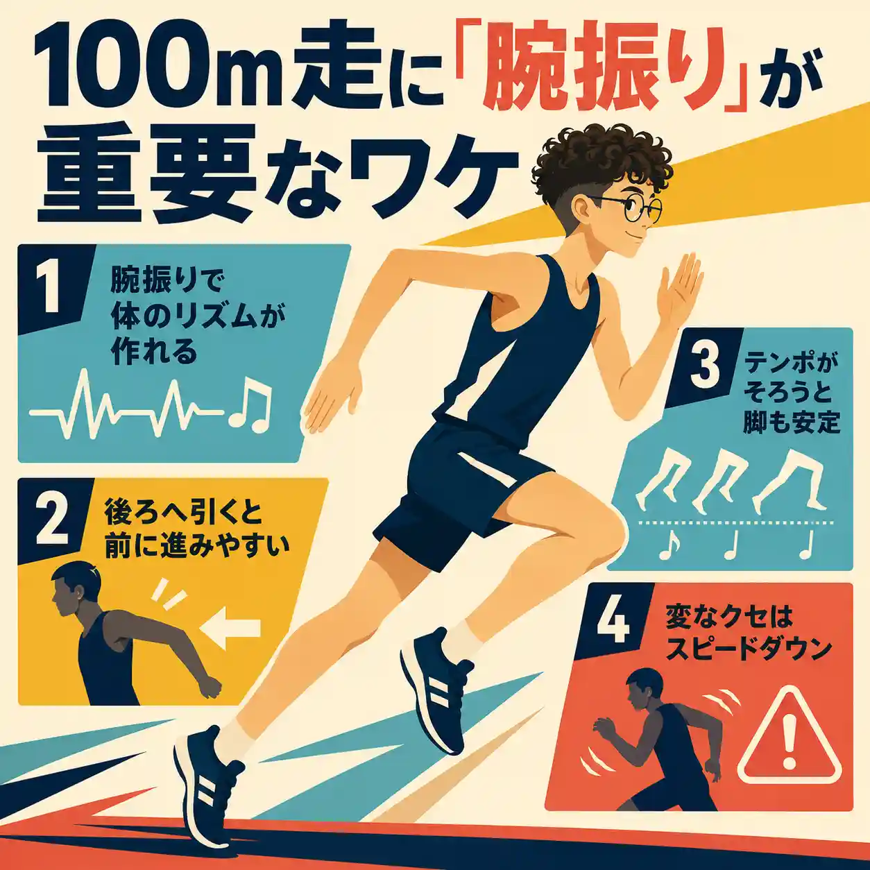 100m走で腕振りが重要な理由を4つのポイントで解説したインフォグラフィック。眼鏡をかけた男子中学生が横向きで走っている