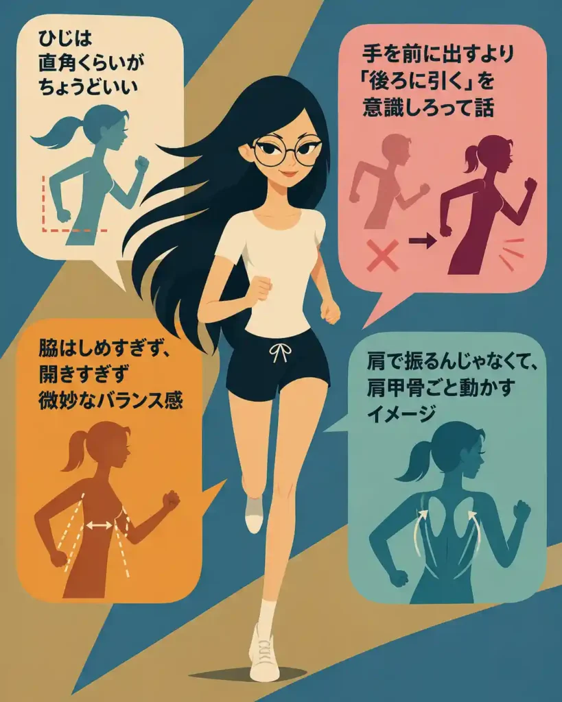 ランニング中の女性を中心に、正しい腕振りのポイントを吹き出しで解説したレトロなフラットイラスト。