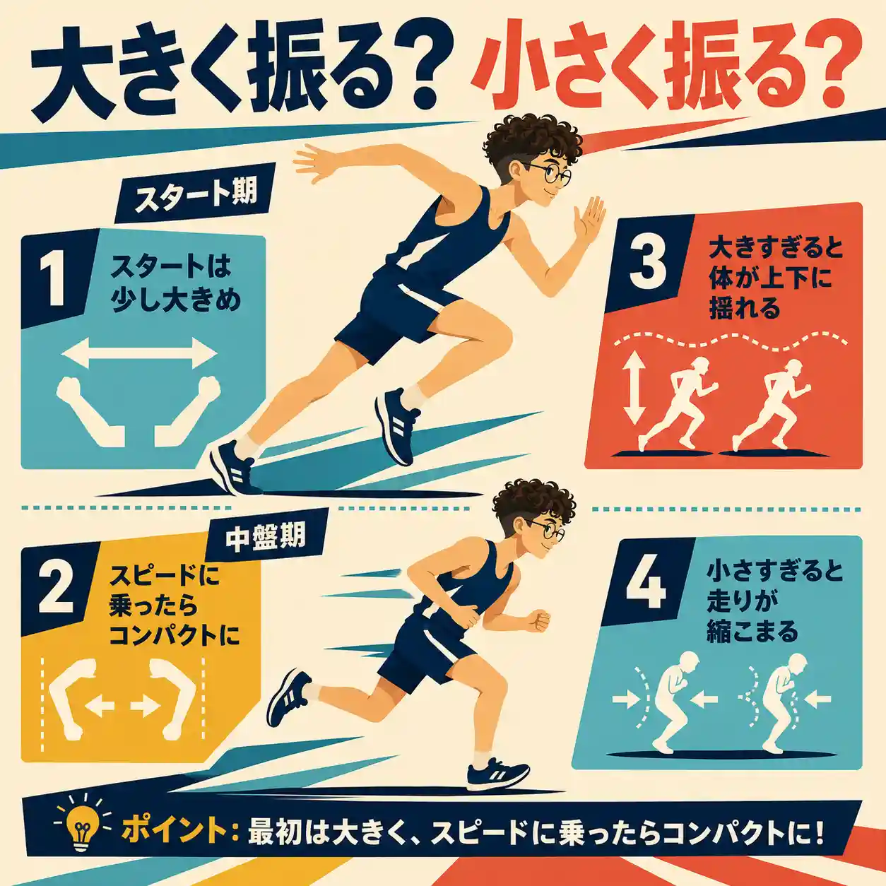 00m走の腕振りはスタートでは大きめ、スピードに乗ったらコンパクトにすることを解説したインフォグラフィック