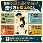 1日で足が速くなるための走り方のコツをまとめた、中学生男子のレトロ風インフォグラフィック。