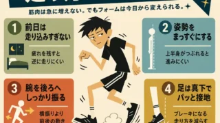 1日で足が速くなるための走り方のコツをまとめた、中学生男子のレトロ風インフォグラフィック。