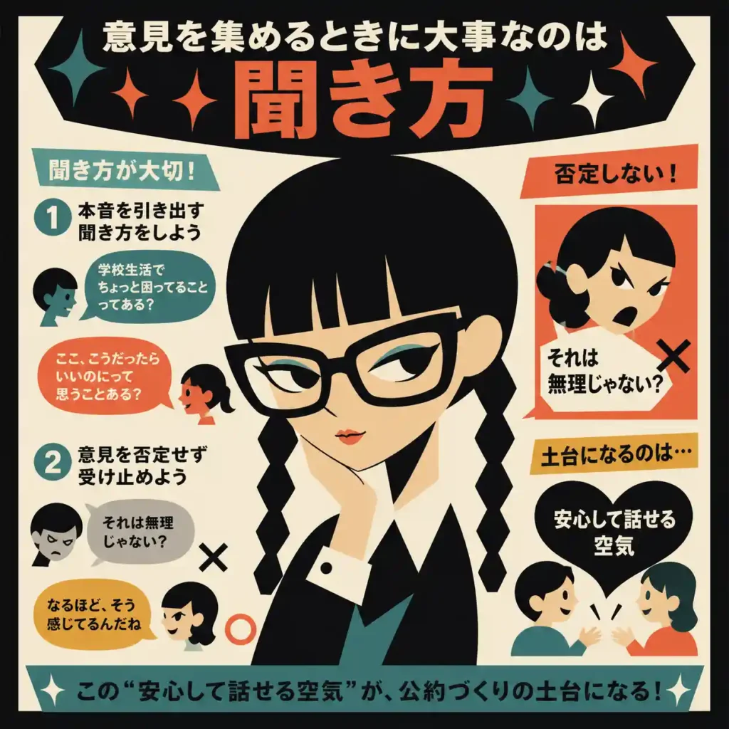 黒髪三つ編みで太いメガネの女子を中心に、意見の聞き方のコツ（本音を引き出す質問、否定しない姿勢、安心して話せる空気づくり）をまとめたスーパーフラットなインフォグラフィック