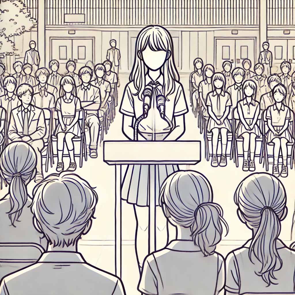 立候補のスピーチをする中学生女子