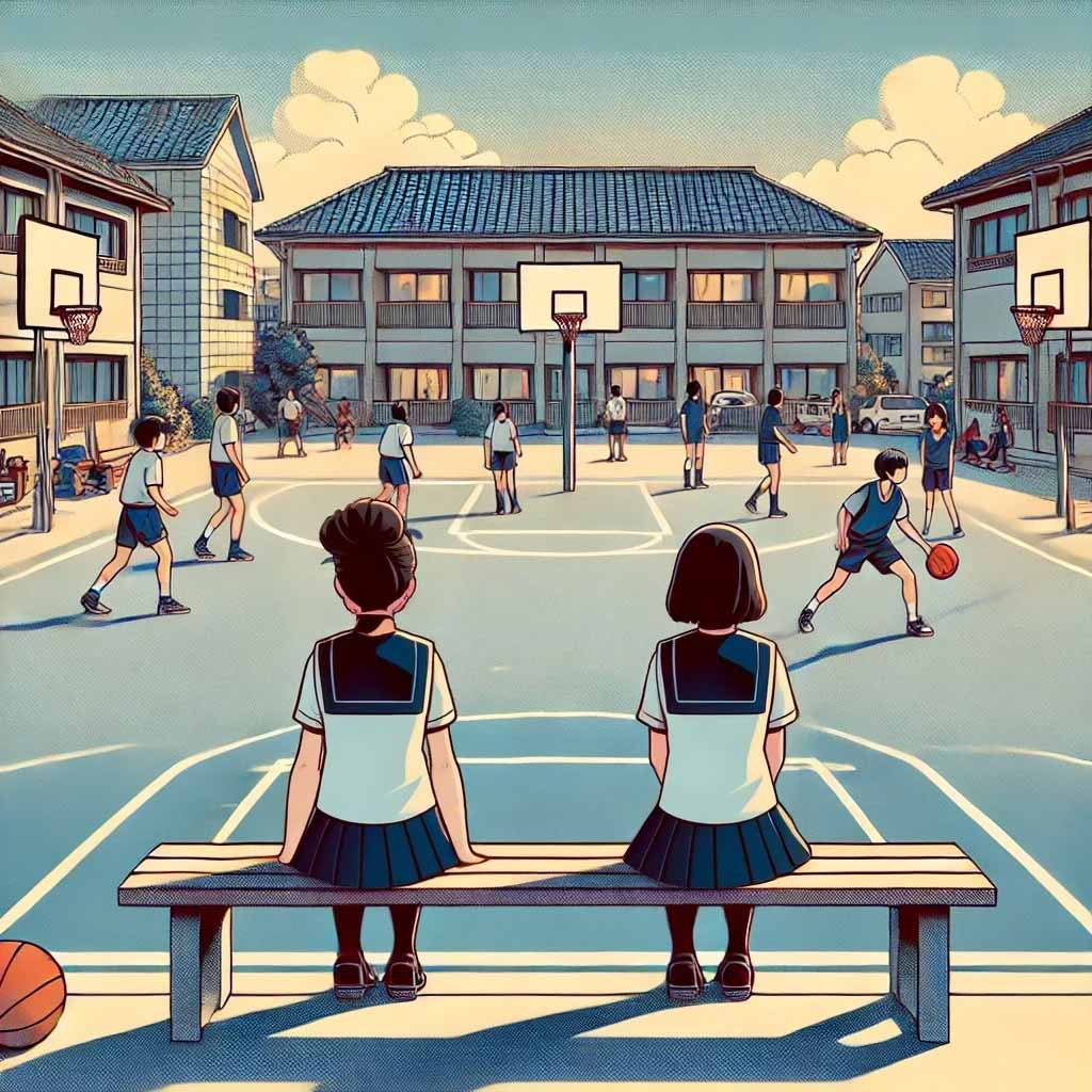 親友と二人　校庭のベンチ