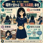 教室・テスト中・図書室など、場所によってお腹の音が聞こえる範囲が変わることを説明したインフォグラフィック。濃紺の夏用セーラー服を着た丸メガネの女子生徒を中心に、テスト中は1〜2席先、授業中は隣か斜め、図書室は静かで注意、クーラーや換気扇、雨音は音がまぎれやすいことを示している。