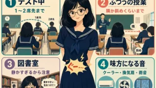 教室・テスト中・図書室など、場所によってお腹の音が聞こえる範囲が変わることを説明したインフォグラフィック。濃紺の夏用セーラー服を着た丸メガネの女子生徒を中心に、テスト中は1〜2席先、授業中は隣か斜め、図書室は静かで注意、クーラーや換気扇、雨音は音がまぎれやすいことを示している。