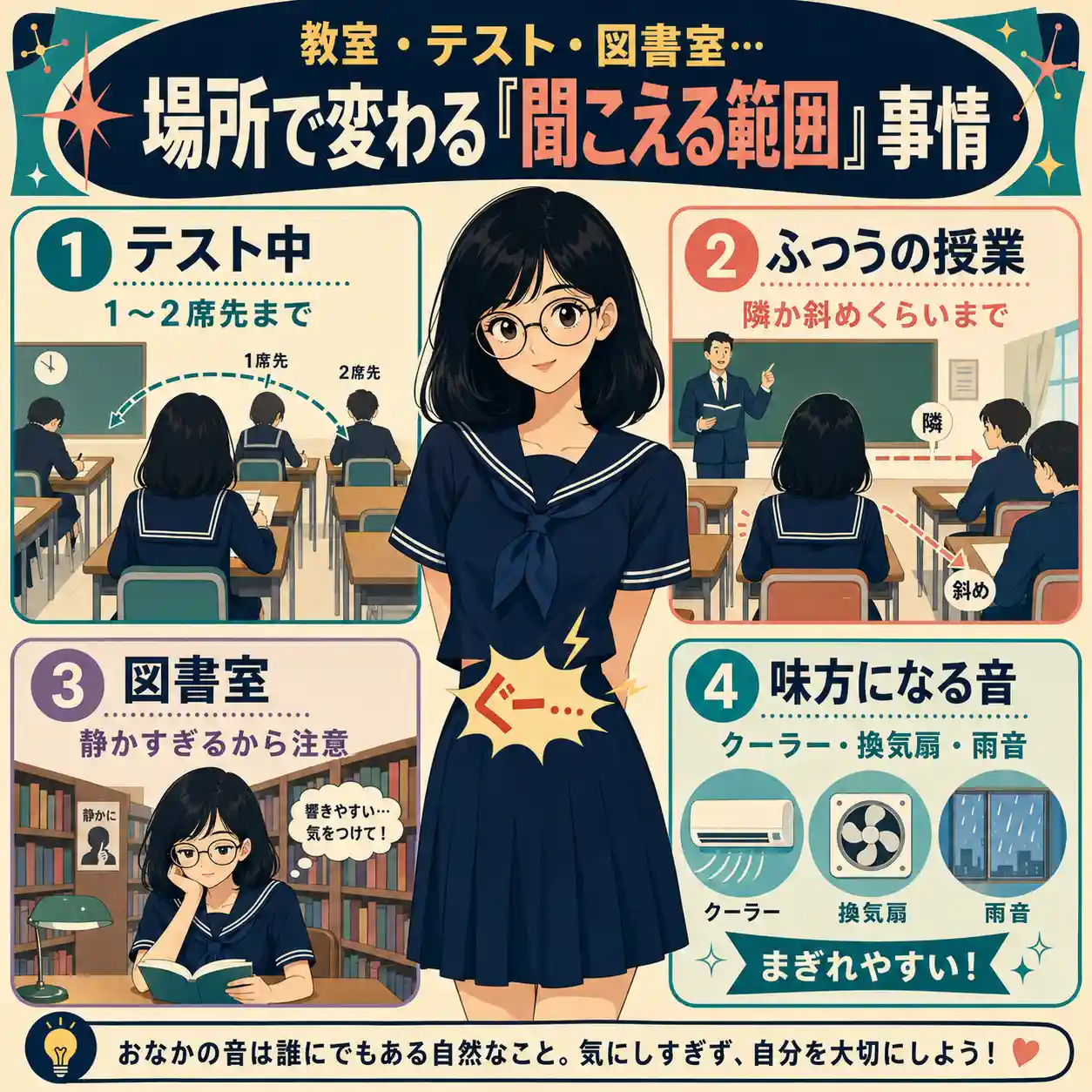 教室・テスト中・図書室など、場所によってお腹の音が聞こえる範囲が変わることを説明したインフォグラフィック。濃紺の夏用セーラー服を着た丸メガネの女子生徒を中心に、テスト中は1〜2席先、授業中は隣か斜め、図書室は静かで注意、クーラーや換気扇、雨音は音がまぎれやすいことを示している。