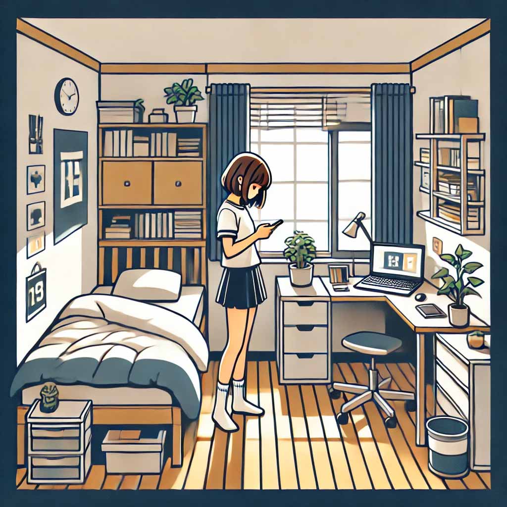 自分の部屋で考えている中学生女子