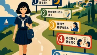 仲直りまでの5ステップを道の看板で示したインフォグラフィック。濃紺のセーラー服の女子中学生が長い道を歩きながら、落ち着く、気持ちを書く、挨拶で様子を見る、短く謝って話を聞く、少しずつ普通に戻す流れをたどっている。