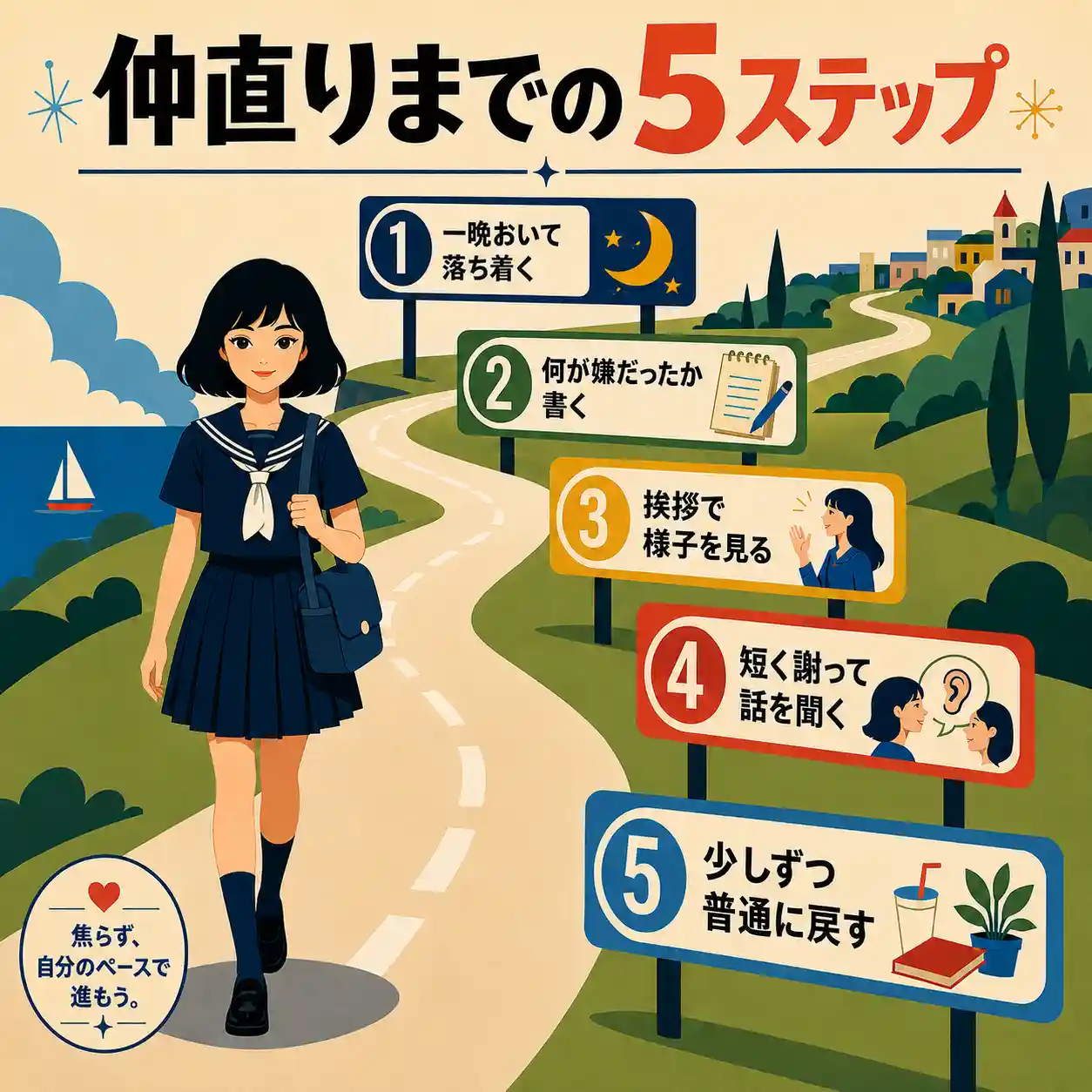 仲直りまでの5ステップを道の看板で示したインフォグラフィック。濃紺のセーラー服の女子中学生が長い道を歩きながら、落ち着く、気持ちを書く、挨拶で様子を見る、短く謝って話を聞く、少しずつ普通に戻す流れをたどっている。