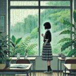 雨の庭を眺めている