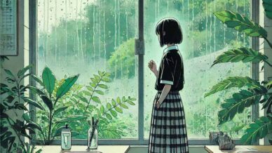 雨の庭を眺めている