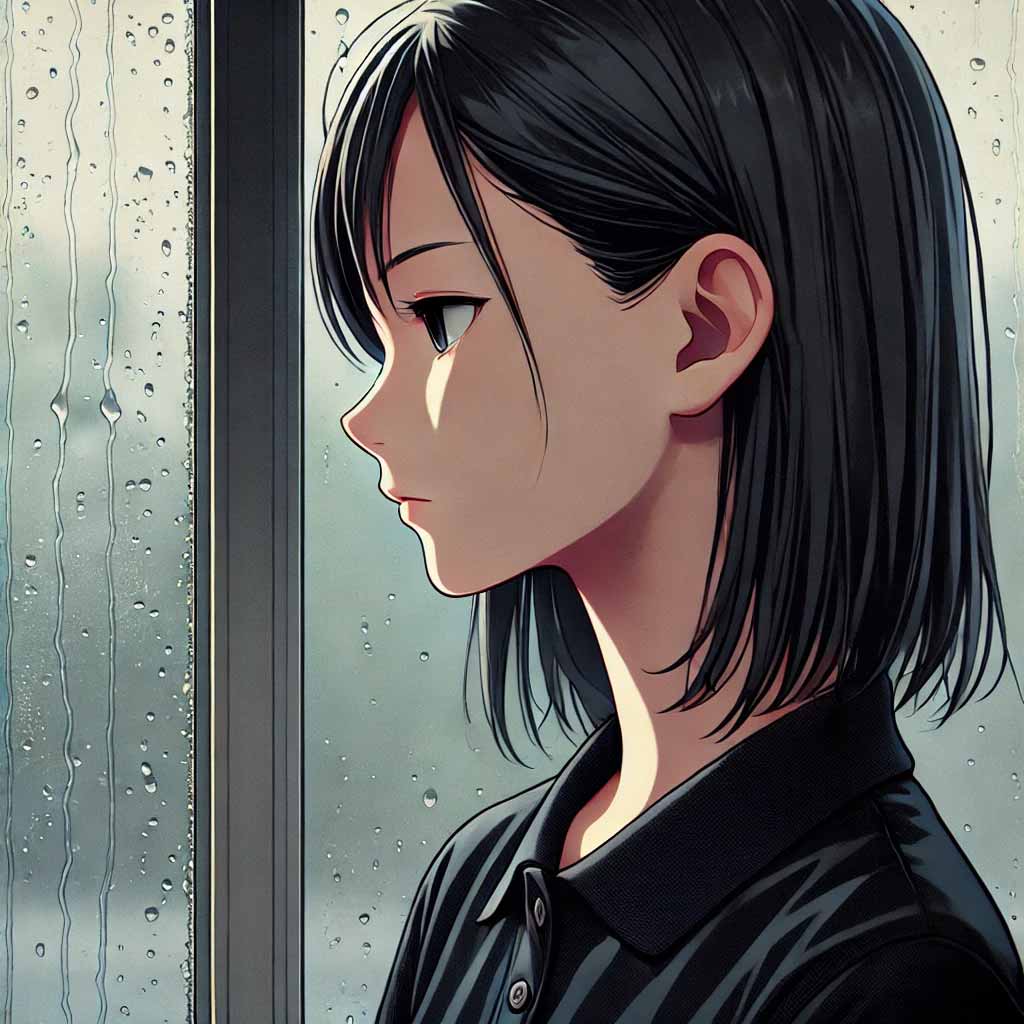 雨のガラス窓　遠くを見ている中学生女子