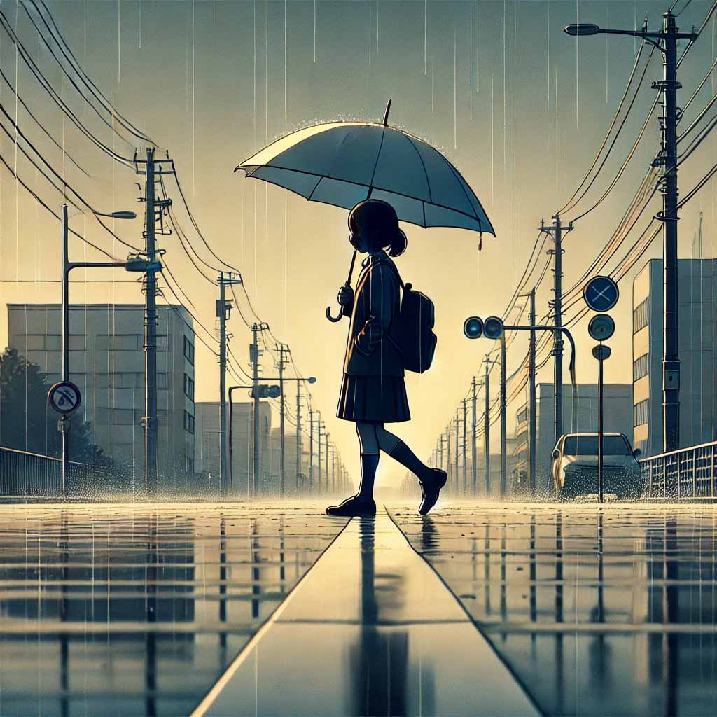 雨の中登校している中学生女子