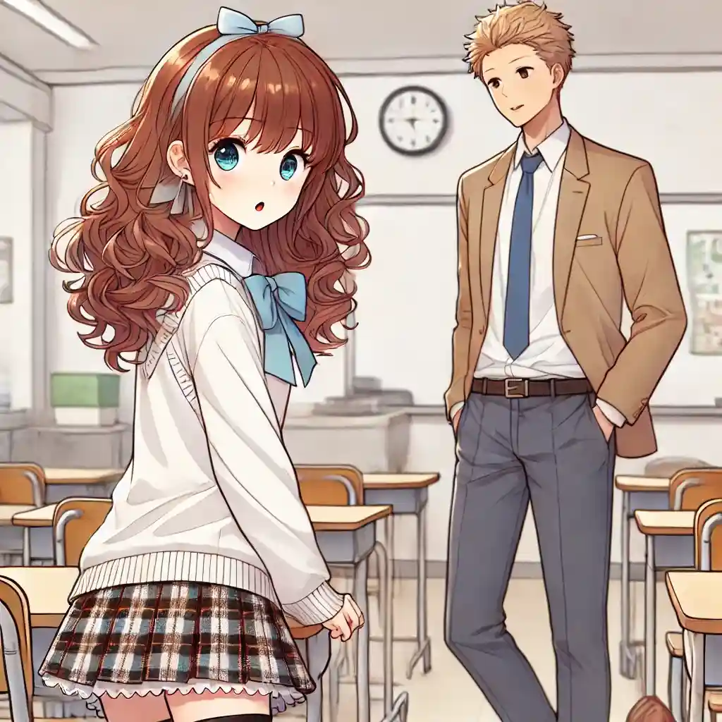 ネイティブの先生と話す中学生女子